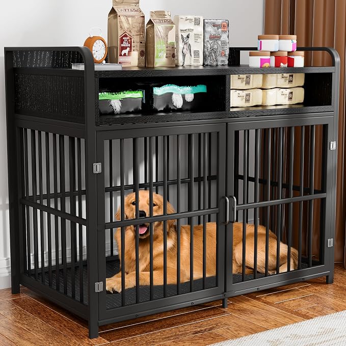 Large Furniture Dog Crate, Dog Kennel Indoor, Wood Dog Cage Table with Drawers Storage, Heavy Duty Dog Crate, Jaula para Perros, Sturdy Metal, 40.5" L×23.6" W×35.4" H, Black