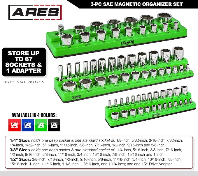 ARES 60037 3-Pc 1/4,3/8,1/2-In Red/Green SAE Magnetic Socket Organizer | Part No. 60037; Includes 1/4 in, 3/8 in, 1/2 in Socket Holders