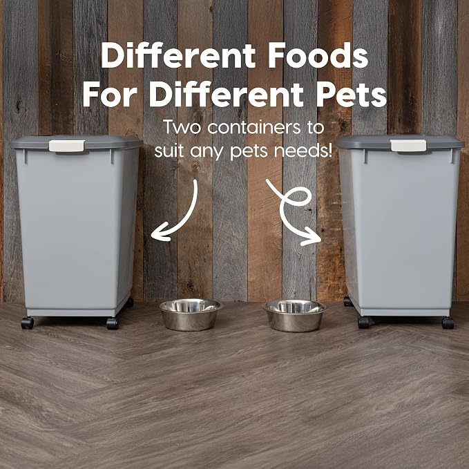 IRIS USA Dog Food Storage Container, 2-Pack, Up to 54 lbs, Gray/Dark Gray | Made in the USA, Comes w/ Wheels & 2-Cup Scoop, Airtight Seal, BPA-Free, Bird Seed, Cat food, Cat Litter, Multi-Pet Household