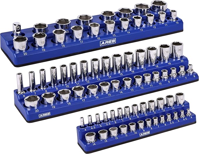 ARES 60036 3-Pc 1/4,3/8,1/2-In Blue Metric Magnetic Socket Organizer | Part No. 60036; Includes 1/4-Inch, 3/8-Inch, and 1/2-Inch Socket Holders