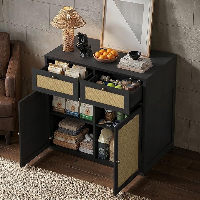 PureCozy Wooden Side Cabinet for Dog Crate Furniture, 40 Inch, Black Oak | Complementary storage unit with cane doors and 2 drawers; pairs with PureCozy dog crate furniture for indoor use.