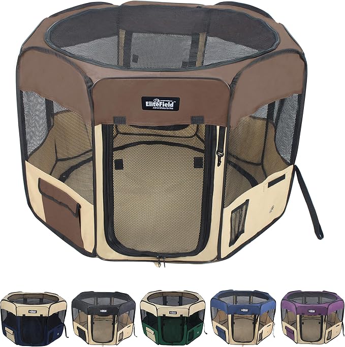 EliteField 2-Door Soft Pet Playpen for Dogs and Cats (2-Year Warranty) | 600D Fabric, Washable Floor Mat & Top Cover, Indoor/Outdoor, Carrying Bag, Ground Stakes, Zipper Locks