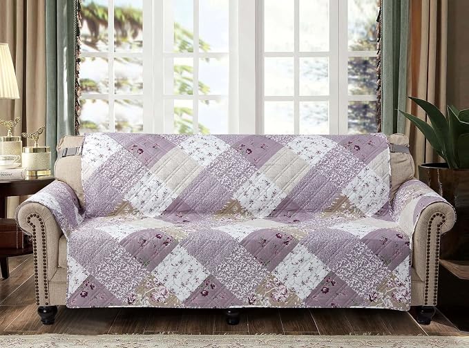 Brilliant Sunshine Lilac & Beige Roses Patchwork Couch Cover, 70" seat | Quilted Sofa Cover, Living Room & Bedroom Furniture Protector, Large Washable Slipcover for Pets, Dogs & Cats