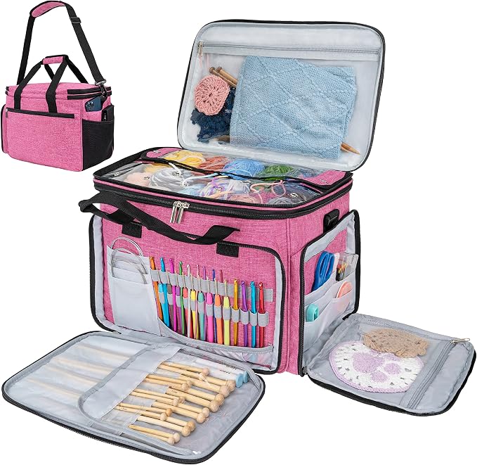 PAVILIA Knitting Bag Yarn Storage Tote - Large Crochet Organizer, Holder for Knitter Projects, Accessories Set, Gifts for Crochet Lovers - Heather Pink