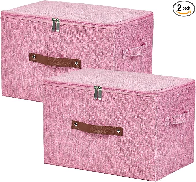 2PCS Storage Bins with Zipper Lids Decorative Lidded Basket Box | Clothes Container, Closet Shelf Organizer, Foldable Washable, Cotton Linen Fabric, w/ PU Leather Handles, Pink, Large