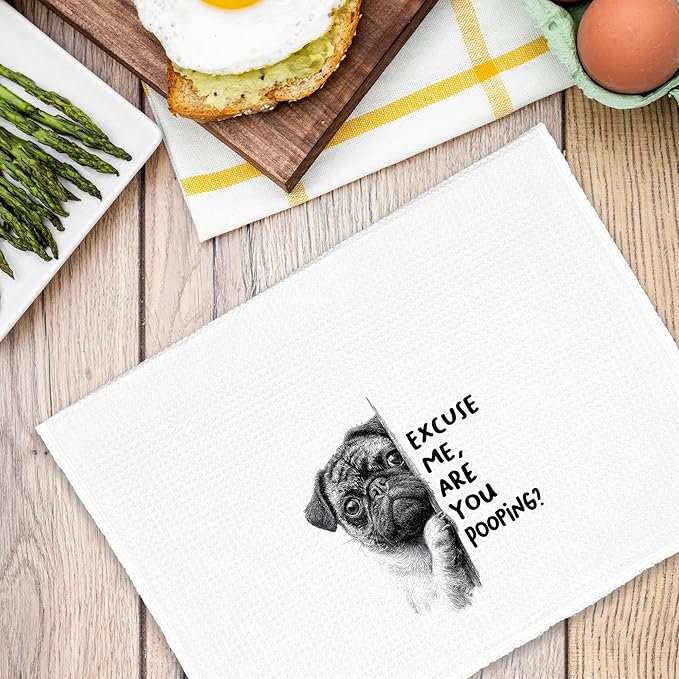 Funny Dog Pug Bathroom Towels, Cute Rustic Hand Kitchen Towels Gifts for Dog Pug Lovers, are You Pooping Bar Dish Towel Decor for Dorm Bar Cafe 16x24in