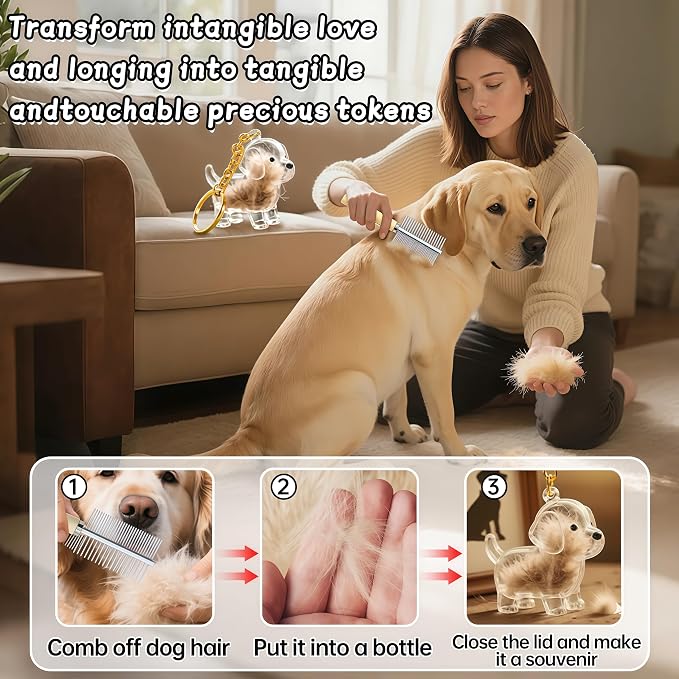 4 PCS Dog Hair Collector Keychain Charm(Send Brush Comb), Dog Shape Memorial Storage Box with Transparent Bottle for DIY Pet Furs & Ashes Keepsake, Portable Pet Memory Capsule Keyring