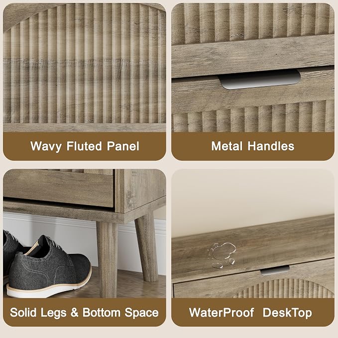 Shoe Storage Cabinet with 6 Flip Drawers, Narrow Wood Shoe Organizer Cabinet with Fluted Panel, Slim Shoe Rack for Entryway, Freestanding Shoe Cabinet for Living Room, Hallway, Grey