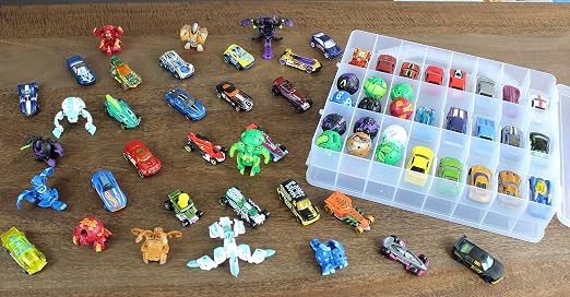 Bins & Things Hot Wheels Display Case and Toy Car Storage Organizer, Double sided 48 - Multi Compartment Plastic Car Toy Organizer Compatible with Lego, LOL Surprise Matchbox cars storage case - Blue