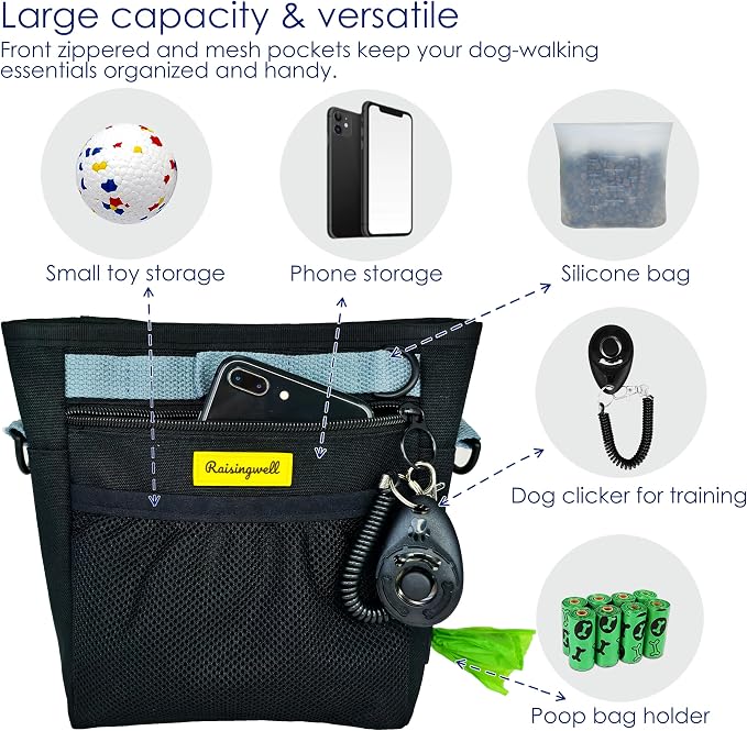 Raisingwell Dog Treat Pouch with Magnetic Closure 4-Cup Silicone Bag Fanny Pack Holder with Clicker 4 Ways to Wear Front Pocket Fits All Phones Ideal for Leash, Pet Walking and Training（Black）