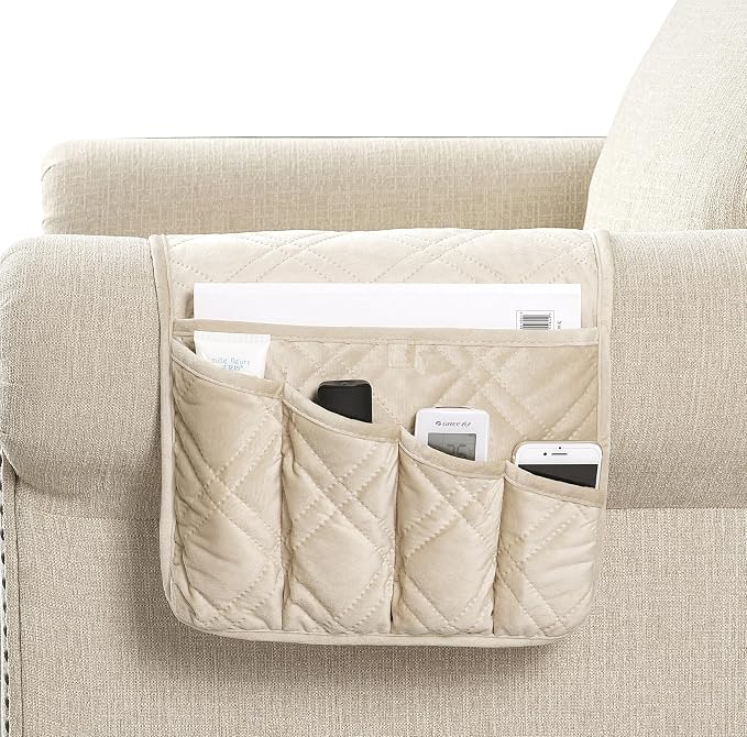 Brilliant Sunshine Beige Velvet Couch Armrest Cover, 35"×13" | Washable Magazine Holder, Armrest Organizer & Caddy on Sofa, Recliner, Armchair, Storage for Remote Controls, Phone, iPad