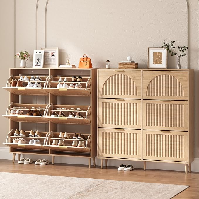 BORNOON Shoe Cabinet for Entryway with 6 Flip Drawers, Slim Wooden Shoe Storage Organizer with Modern Fluted Pannel，Freestanding Narrow Hidden Shoe Rack for Hallway, Foyer, Living Room