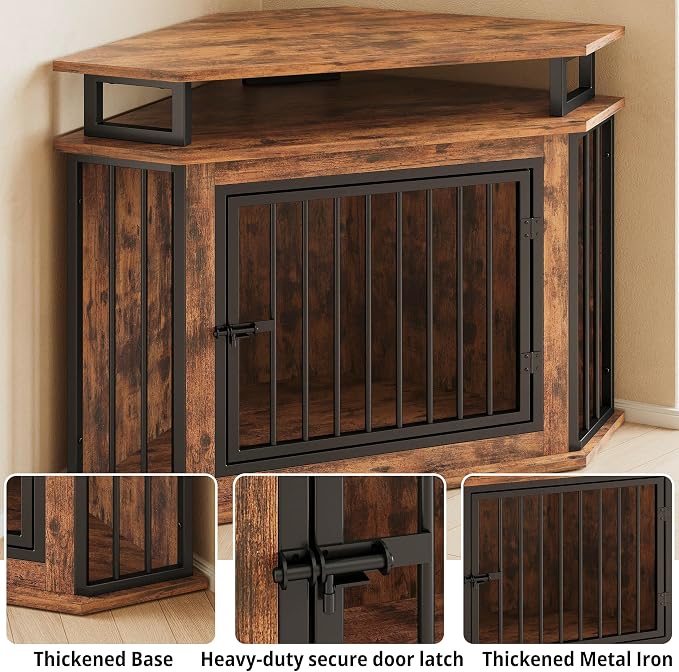 IRONCK 43.3" Corner Dog Crate Furniture with 2-Tier Shelves Rustic Brown | 10mm thickened iron frame. 180 lb tabletop. 23.6"L x 43.3"W x 32"H. Space-Saving Indoor crate for small dogs