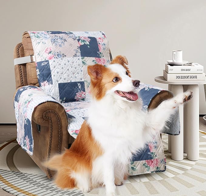 Brilliant Sunshine Vintage Blue & Pink Rose Toile Recliner Cover, 26" seat | Quilted Sofa Cover, Living Room & Bedroom Furniture Protector, Washable Reclining Chair Slipcover for Pets, Dogs & Cats
