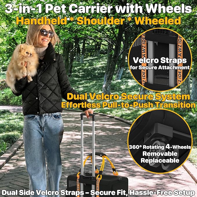 PAWZIDEA Expandable Pet Carrier with Wheels, TSA Airline Approved, Up 18lbs | 18x11x11 Underseat, Rolling Soft-Sided Carrier for Large Cats & Small Dog Travel Bag, Self-Locking Zippers, Telescopic Handle