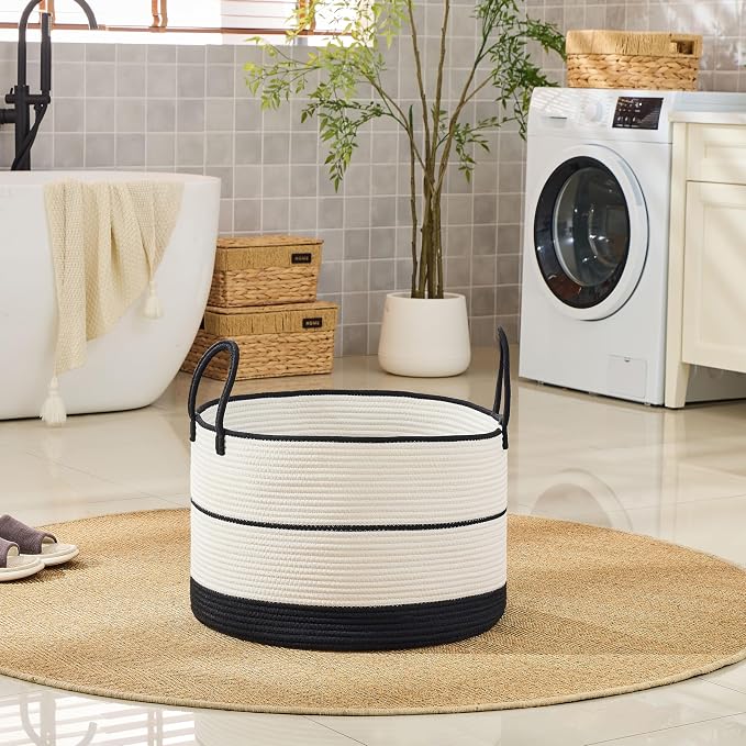 KAKAMAY Large Blanket Basket with Handles, Storage Basket for Living Room | Extra Large Capacity | Natural Cotton Rope | Blanket Storage | Woven Storage Basket | Stuffed Animal Storage | Laundry Basket