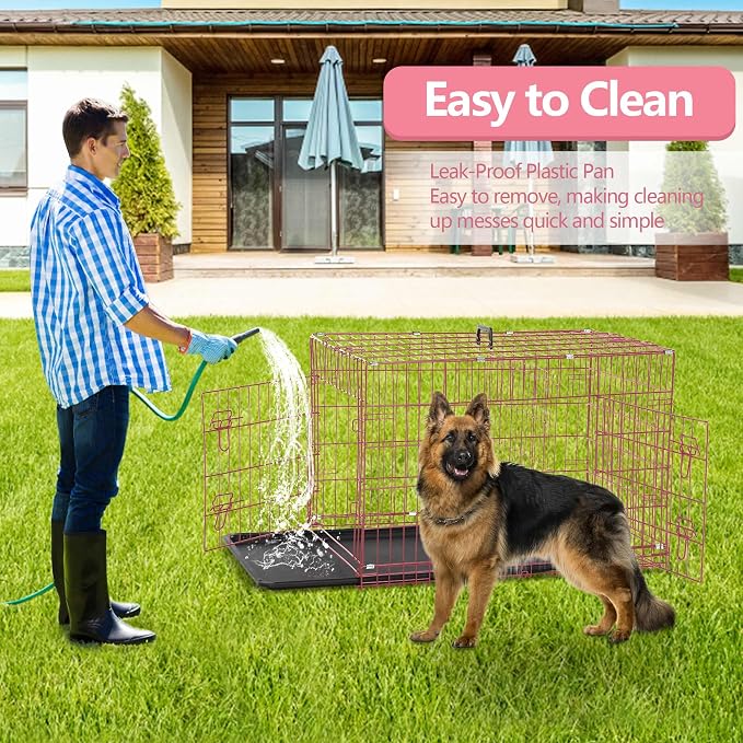 42 Inch Extra Large Dog Crate, Heavy Duty Dog Crates for Large Dogs, Metal Wire Folding Dog Cage with Removable Trays, Locks, Double-Door, Divider Panel, Handle, XL Dog Crate Pet Crate (42 in, Pink)