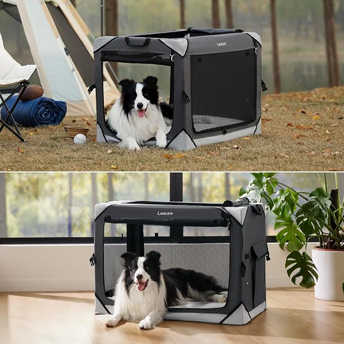 Lesure Portable Collapsible Dog Crate for Large Dogs, 36in Charcoal Grey | Soft Travel Camping Pet Kennel, 4-door, Indoor and Outdoor Use, Easy Set Up and Fold, For Large Breeds Up to 70lbs
