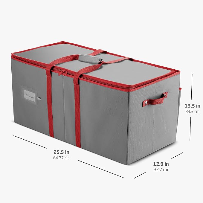 ZOBER Large Christmas Ornament Storage Box - Stores 128 3" Ornaments, With Dividers - Ornament Organizer Storage Box, Durable Christmas Containers Holder - Extra Pockets, Dual Zipper - Gray