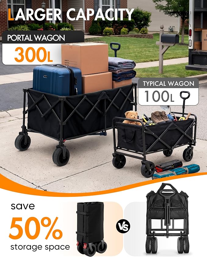 Portal Ultra Compact Folding Wagon Cart with Brakes, 300L Large Cart | Portable Outdoor Design; Durable Construction; Easy Setup & Storage; Color: Black