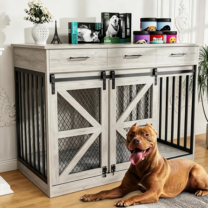 Spacesea Large Dog Crate Furniture with Sliding Barn Door, 48" Wooden Dog Kennel Indoor End Side Table for Home Decor, Removable Divider, 3 Drawers, Furniture Style Dog Crate TV Stand