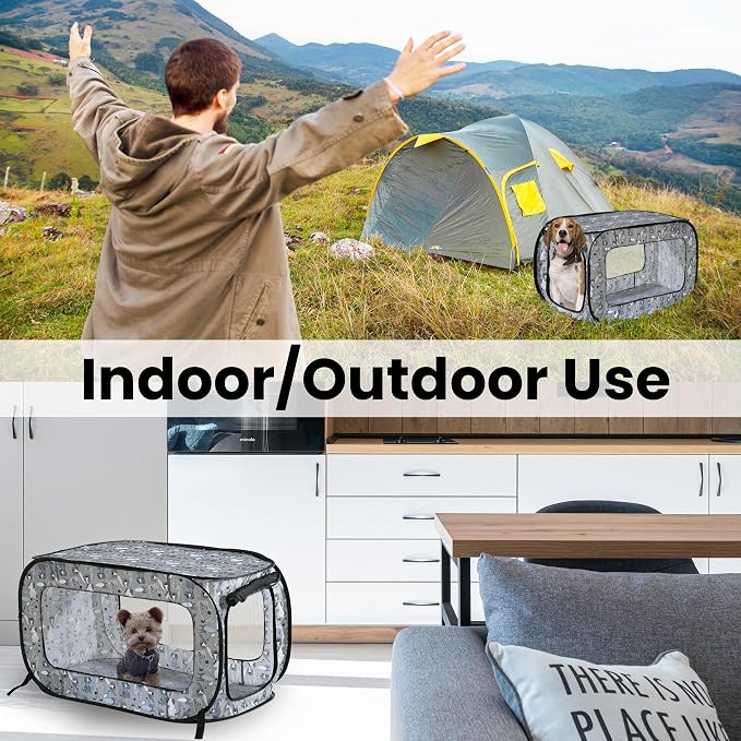 Portable Collapsible Pop Up Kennel, 24" L x 16.6" W x 16" H, Tail Waggers | Collapsible indoor/outdoor travel cat and dog crate with mesh screen windows pops up and folds flat for easy storage