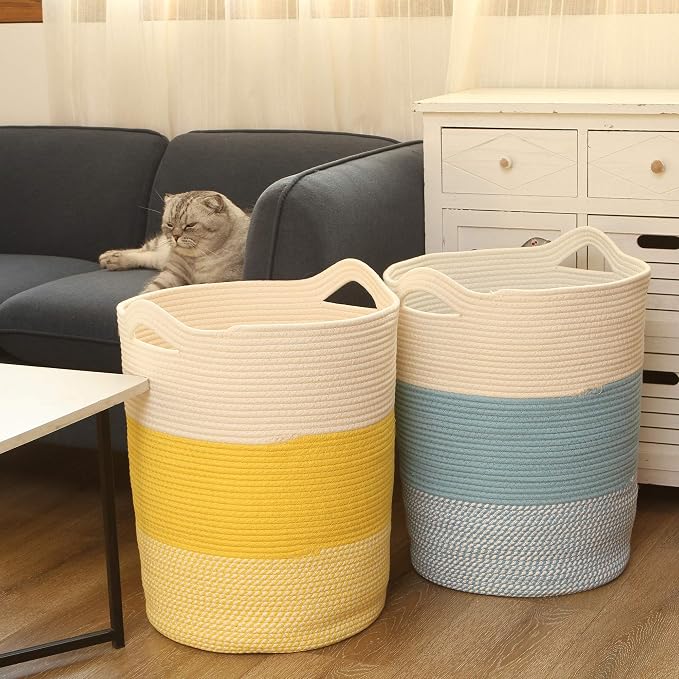 Sea Team Large Woven Cotton Rope Laundry Basket with Handles, 20 x 14 in | Collapsible Knitted Hamper, Closet Shelf Organizers, Containers for Clothing, Blankets, Toys, Bedding, Mottled Yellow