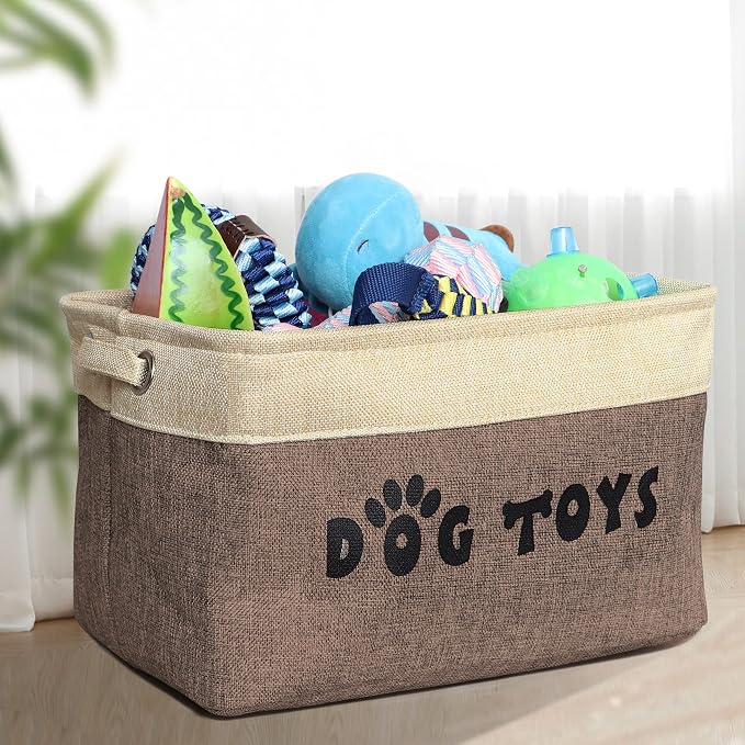 PET ARTIST Dog Toy Basket, Large Collapsible, Brown-1, M: 15"x11"x9" | Dog Toy Bin Box, Comfortable Handles, Large Pet Toy Storage Organizer, For Accessories, Toys, Coat & Clothing, Blanket Leash