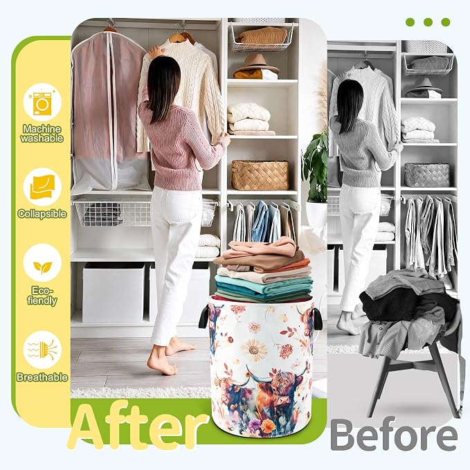 Highland Cow Floral Laundry Basket Foldable Waterproof 18.9 x 16.5 Inch | Oxford Cloth Hamper With Reinforced Handles Lining Large-Capacity Storage For Bathrooms/Laundry Rooms/ Living Rooms/Bedrooms