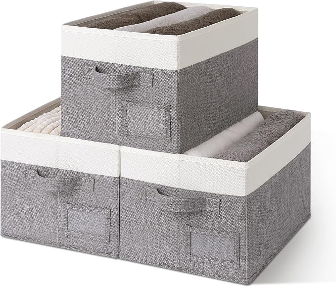 GRANNY SAYS Closet Storage Bins with Label, Gray&White, Medium, 3-Pack | Fabric Storage Bins, Closet Storage Bins for Clothes, Shelf Storage Baskets with Handles, Collapsible Storage Boxes