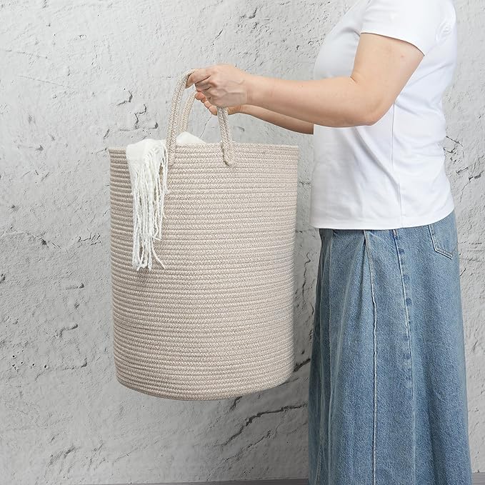 Woven Cotton Rope Laundry Basket, 15" x 20" Laundry Hamper, Oatmeal | Rope storage basket for dirty clothes, toys and blankets. Perfect for bathroom, baby nursery and living room storage.