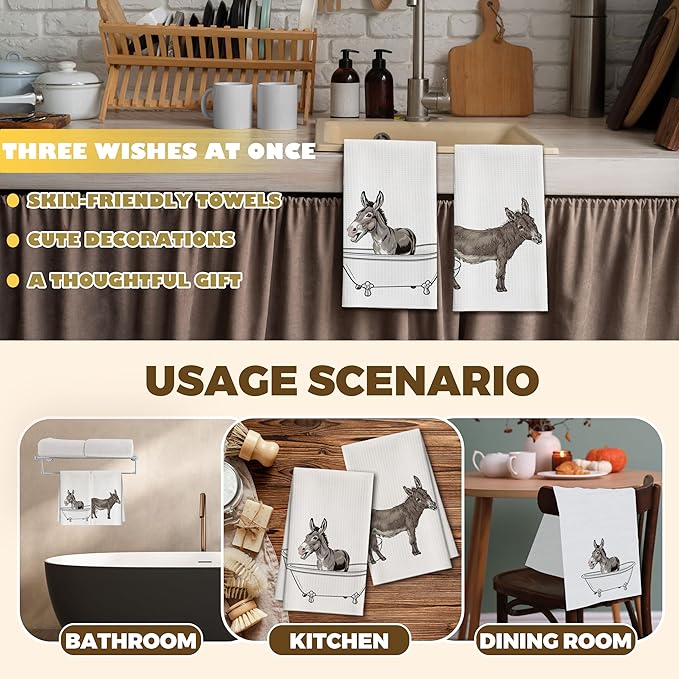 Bath Towels Set of 2, Cute Funny Donkey Dish Towel for Bathroom Spa Kitchen, Bathing Donkey Decorative Hand Towels, Fast Drying Tea Towel, Farmhouse Housewarming Xmas Gifts for Women Mom -B26