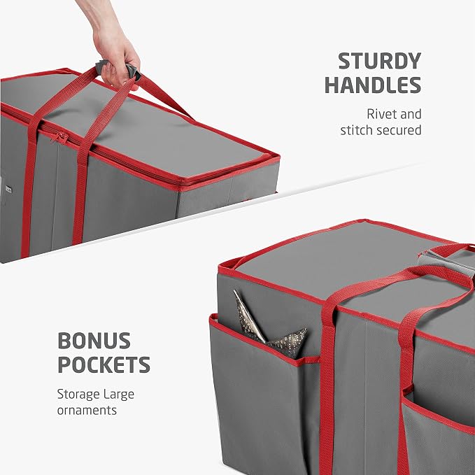 ZOBER Large Christmas Ornament Storage Box - Stores 128 3" Ornaments, With Dividers - Ornament Organizer Storage Box, Durable Christmas Containers Holder - Extra Pockets, Dual Zipper - Gray