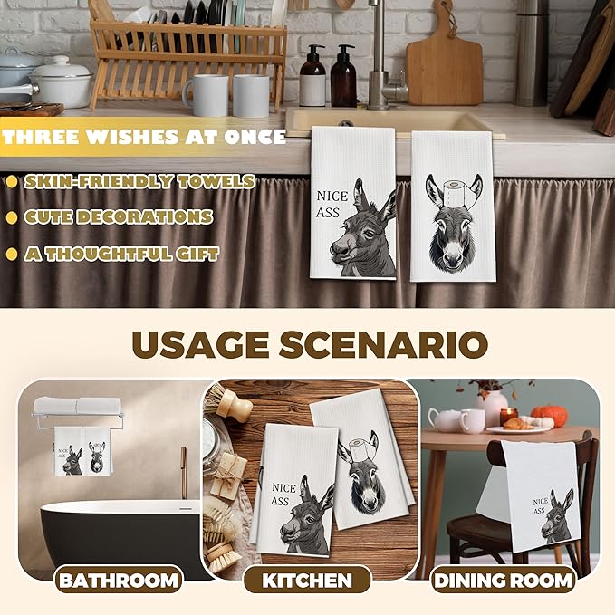 Bath Towels Set of 2, Cute Funny Donkey Dish Towel for Bathroom Spa Kitchen, Nice Ass Decorative Hand Towels, Fast Drying Tea Towel, Farmhouse Housewarming Xmas Gifts for Women Mom -B25