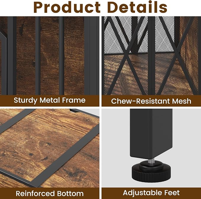 BOINN 41.3" Dog Crate Furniture Foldable, No Assembly Decorative Dog Kennel Indoor, Wooden Dog Crates with 360° Rotating Bowls and Name Tag, Rustic End Table for Medium/Large Dogs