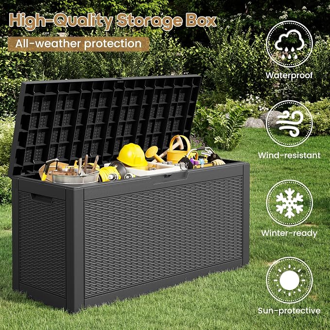 75 Gallon Outdoor Storage Box Waterproof Deck Box for Patio | Black, Resin, Weatherproof, Lockable, Compact, Easy Assembly, Patio Cushions Storage, Pool Garden Accessories Organization