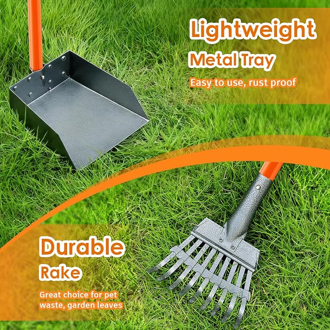 Pooper Scooper, Long Handle Dog Poop Scooper for Medium Small Dogs | Heavy Duty, Pet Supplies Metal Tray Rake, Stainless Steel, Rust-Resistant, 37"+ Handle No Bending, Use on Grass Dirt Gravel