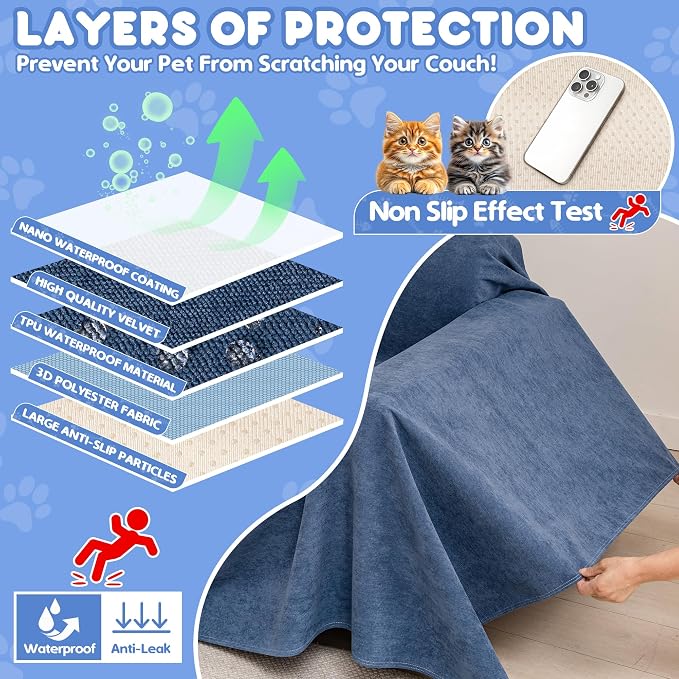 Loiion Cat Scratch Proof Furniture Protector Waterproof Sofa Cover 150"x71" | Pet-Friendly Couch Protector, Anti-Scratch & Anti-Slip Sofa Cover For Cats Dogs Kids, Machine Washable