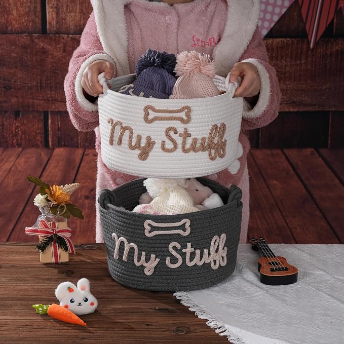 JUPPE Pet Dog Basket with Personalized Name, Dog Toys Storage Organizer Custom Cotton Rope Basket Nursery Decor (Pet Basket)