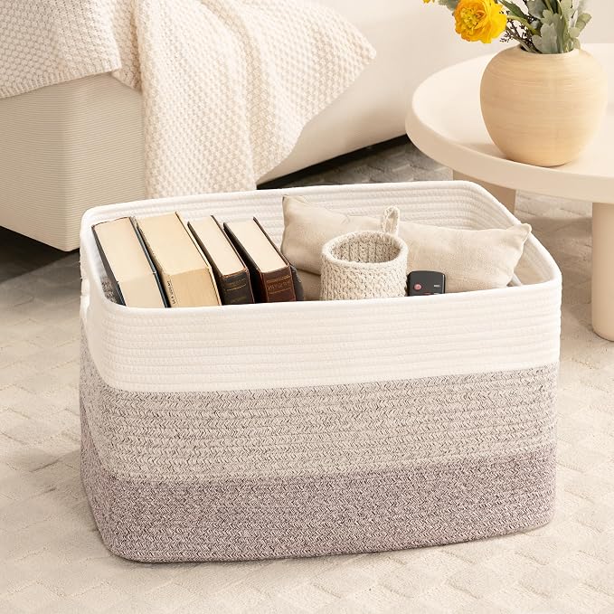 86L Large Woven Laundry Basket Hamper with Handles, Gradient Brown | collapsible wicker hamper, storage for dirty clothes, toys, blankets, gifts, living room, bedroom, bathroom, 24"x16"x14"
