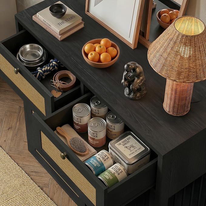 PureCozy Wooden Dog Crate Furniture, Right Unit, 40 Inch,Black Oak | Cane cabinet and metal sliding door with 2 storage drawers; furniture-style indoor kennel doubles as an end table.