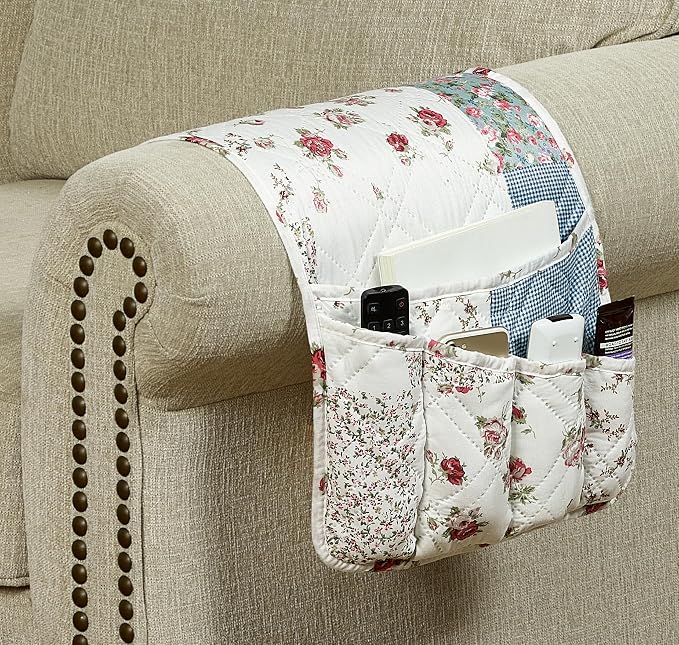 Brilliant Sunshine Pink Rose & Blue Check Couch Armrest Cover, 35"×13" | Washable Magazine Holder, Armrest Organizer & Caddy on Sofa, Recliner, Armchair, Storage for Remote Controls, Phone, iPad
