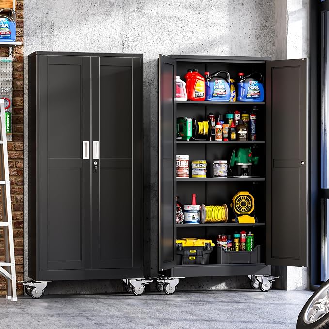 75-Inch Metal Garage Storage Cabinet with Wheels, Locking Doors and Shelves | 5 Adjustable Shelves, Locking Doors, Magnetic Closure, 360° Casters, Anti-Tip Kit, Cold-Rolled Steel