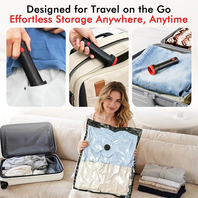 MEIQIHOME 28 Pack PackEase Travel Vacuum Bags 1500mAh Wireless Pump, 80% Compression Space Saver for Luggage, Clear PA+PE Reusable Seal Bags for Clothes, Portable Electric Air Pump for Travel & Home
