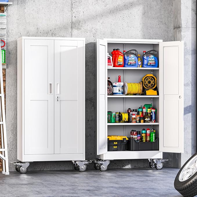 61-Inch Metal Garage Storage Cabinet with Wheels, Locking Doors and Shelves | 3 Adjustable Shelves, Locking Doors, Magnetic Closure, 360° Casters, Anti-Tip Kit, Cold-Rolled Steel