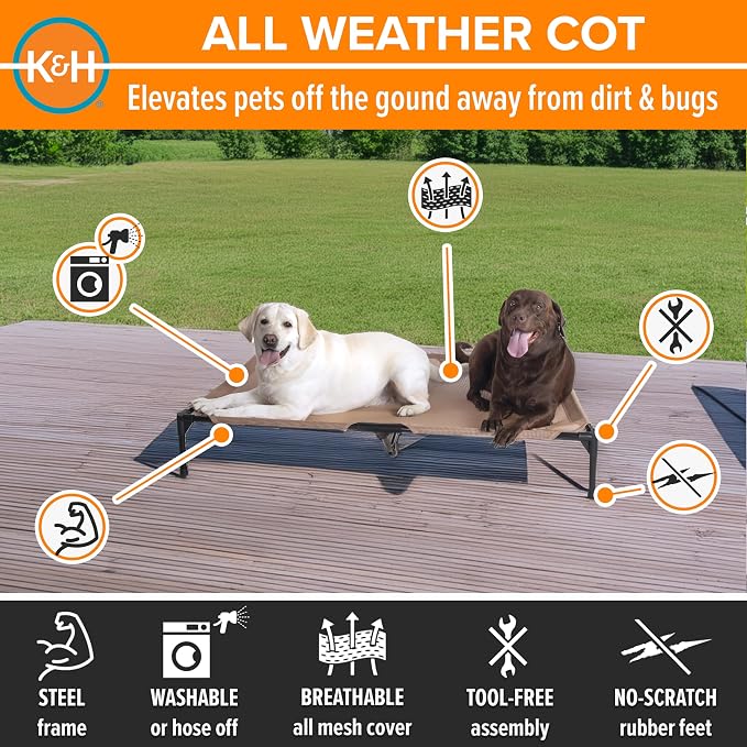 K&H Outdoor Elevated Dog Bed, Cooling Raised Dog Bed, XL 50x32in, Tan | Pet Cot for Large & Extra Large Pets, Breathable Mesh 360 Hammock Design, Indoor/Outdoor Washable Cover, Portable Metal Frame