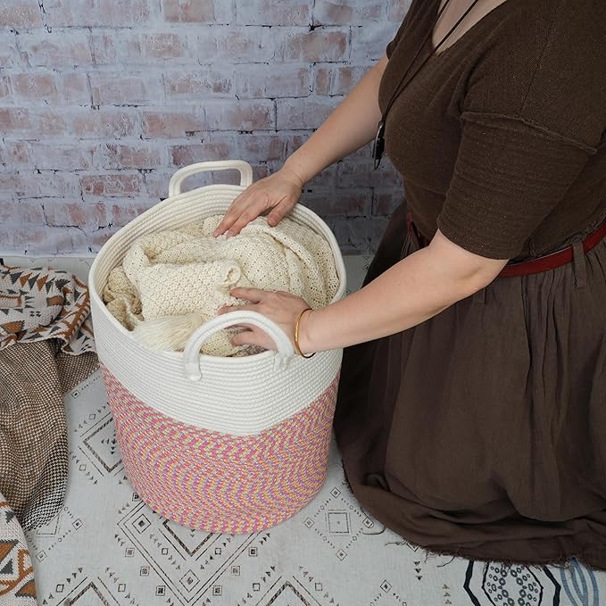 XUANGUO Cotton Rope Laundry Basket Hamper for Clothes Large | Woven Storage Basket for Living Room Bedroom Boho Tall Rope Baskets for Blanket Toys Pillow Towels Baby Nursery Hamper Bin