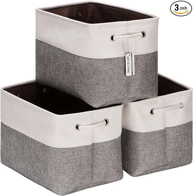 Sea Team Large Rectangle Canvas Open-Top Storage Baskets, 3-Pack | Collapsible Fabric Storage Bins with Handles, Closet Shelf Organizers, 15 x 10 x 10 Inches, Gray & White