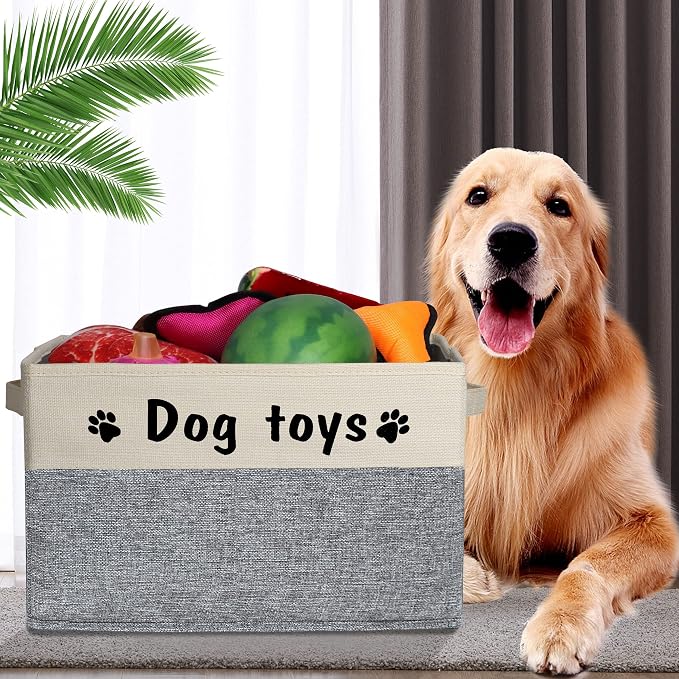 PET ARTIST Dog Toy Basket, Foldable Dog Toy Bin Box for Living Roon Area, Collapsible Storage Basket with Comfortable Handles for Pet Coat, Accessories, Gray, 15"x11"x9"