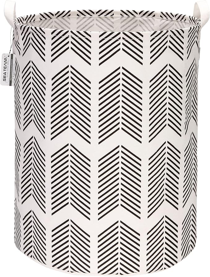 Sea Team Large Canvas Laundry Basket with Handles, Black Fishbones | Collapsible Fabric Laundry Hamper, Closet Shelf Organizers, Containers for Clothing, Blankets, Toys, Bedding, 19.7 x 15.7”